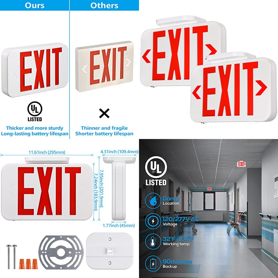Emergency Exit Sign - LED-Notausgangsschild, Notausgangsleuchte mit Batterie-Backup, Doppelseitig, UL